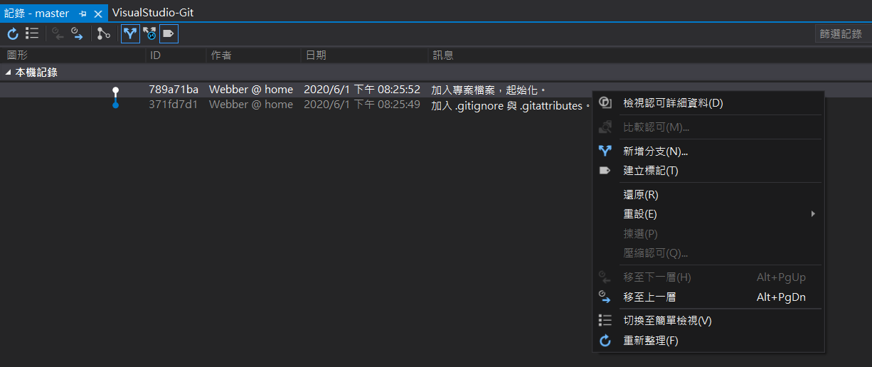 檢視紀錄中可以對 Commit 操作的選單